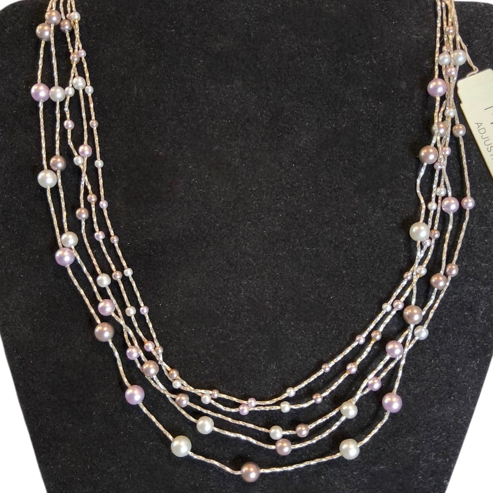 Vintage Monet 5 Strand Faux Pearl Station Necklace Silver Tone 16"-18.5"